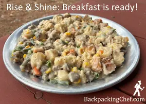 Buttermilk biscuits & gravy rehydrated for a hearty backpacking breakfast.