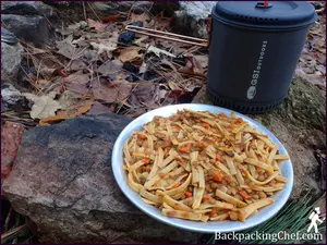 Lentil bolognese makes a hearty vegetarian meal for home or trail served with fettucine.