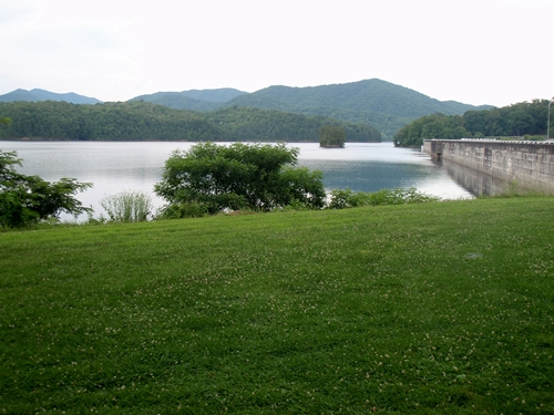 Great Smoky Mountains National Park ends at Fontana Lake. The Appalachian Trail crosses over the 480-foot-high concrete dam.