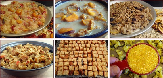 Backpacking Breakfasts: Pizza Grits, Peach Crunch Cereal, Apple Cinnamon Oatmeal, Omelet Bites, Pancake Bites, Country-Style Grits, and more.