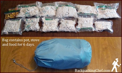 Backpacking Food and Meals Vacuum Sealed and Stowed in Food Bag.