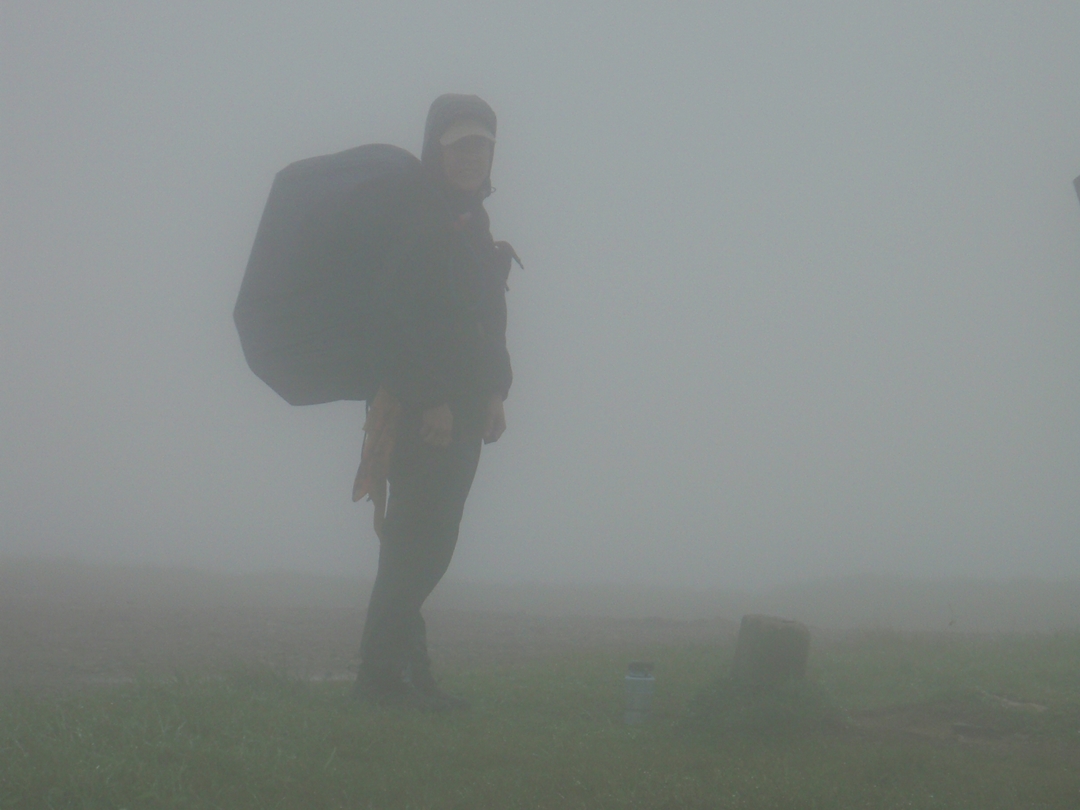 Bald Mountain, Appalachian Trail on the Tennessee-North Carolina line. Kendra in the fog.