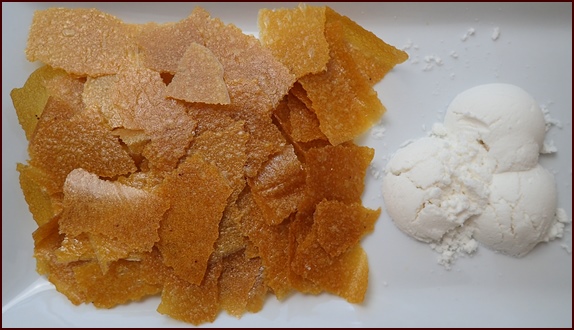 Photo shows one sheet of banana-mango fruit leather and 3 Tbsp. powdered coconut milk.