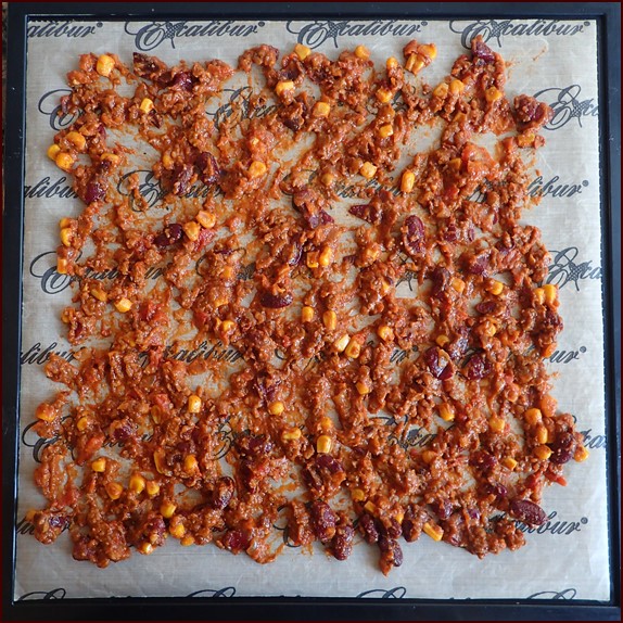One serving of cooked Beyond Burger Chili on Excalibur dehydrator tray.