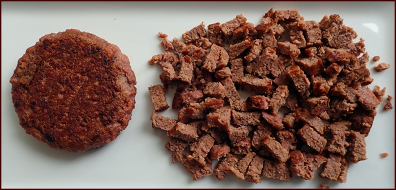 A cooked Beyond Burger (left) and crumbled for drying (right).