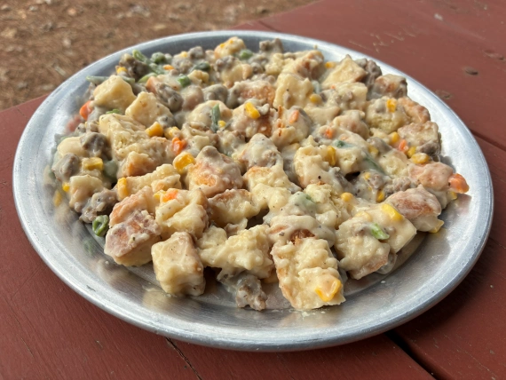 Buttermilk biscuits & gravy rehydrated for a trail breakfast.