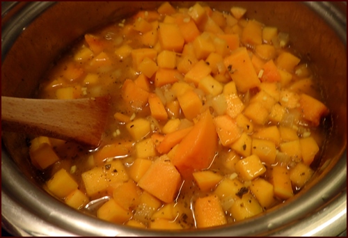 Butternut Squash Soup cooking in pot. Run it through a blender after it cools.