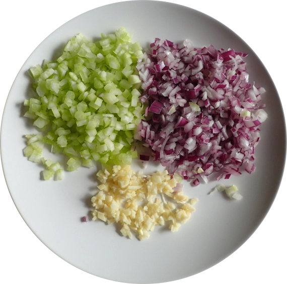 Celery, onions, and garlic chopped finely.