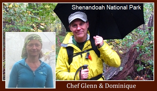 Chef Glenn and Dominique in Shenandoah National Park. Glenn wearing Marmot PreCip Rain Jacket.