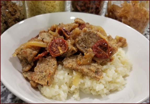 Backpacking Recipe: Chicken with Caramelized Onions and Tomatoes over Rice.