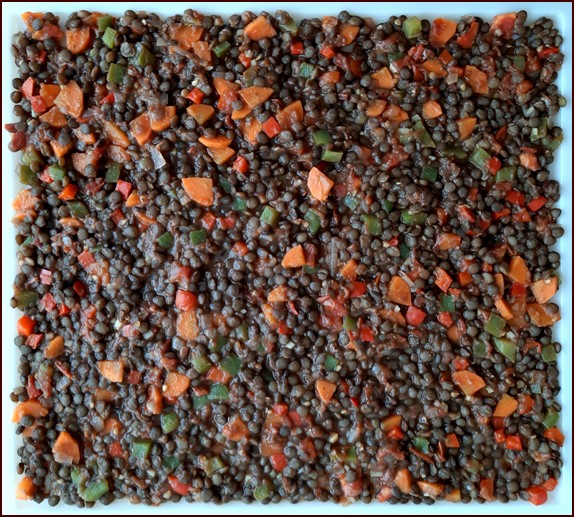 Cooked lentils and vegetables on dehydrator tray