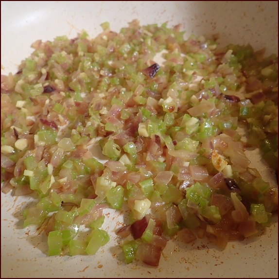 Fried onions, celery, and garlic before adding to stuffing.