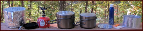 Backpacking pots and stoves used by Chef Glenn for hike in Shenandoah National Park.