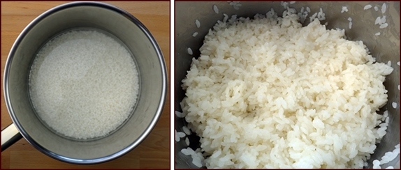 Rinsed sushi rice, soaked for 30 minutes, and then cooked.