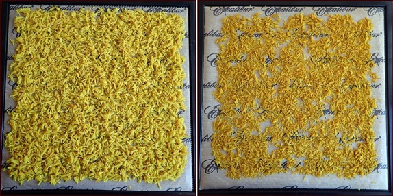 Dehydrating curry-seasoned basmati rice, before and after.