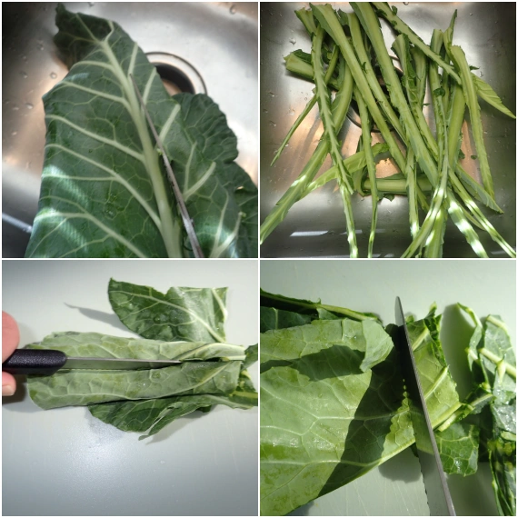 Cutting collard greens.