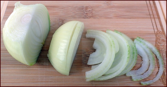 Cutting onions for caramelizing.