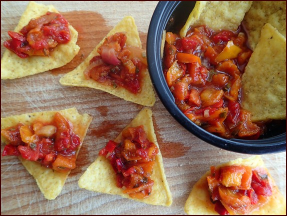 Rehydrated apricot salsa with corn chips.