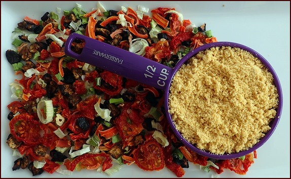 Dehydrated hummus powder & dried veggies.