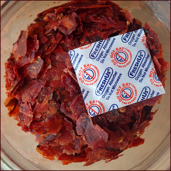 Dried ratatouille stored in a mason jar with an oxygen absorber.