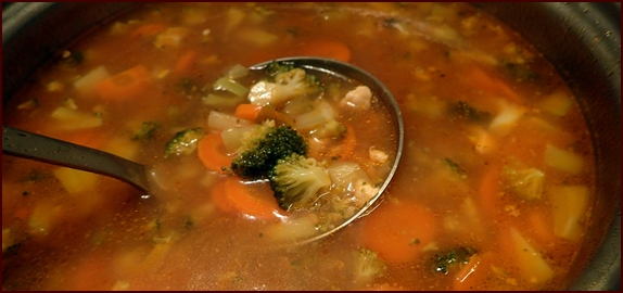 Pot of Chicken-Vegetable Soup. To dehydrate, separate solids from broth, and blend a portion until thick.