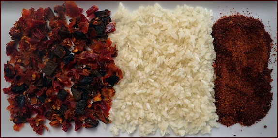 Dehydrated ingredients for Ratatouille & Rice Soup: Ratatouille, Rice, and Tomato Powder.