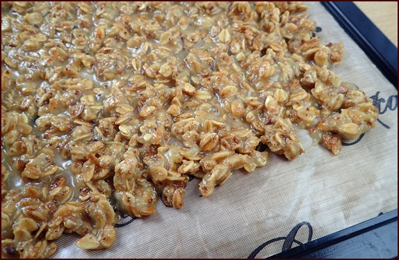 Banana-granola mix on dehydrator tray with nonstick sheet.