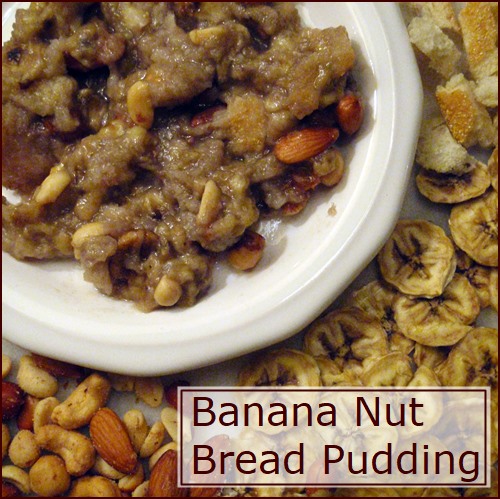 Banana Nut Bread Pudding made with dehydrated banana chips and breadcrumbs.
