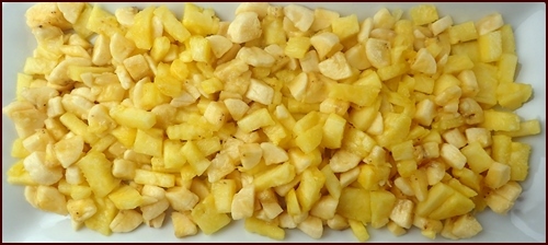 Pineapple and bananas ready to be blended and dehydrated into fruit leather.