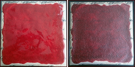 Dehydrating Mixed-Berry Fruit Leather, before and after.