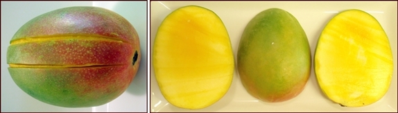 Photo shows a mango cut into three sections.