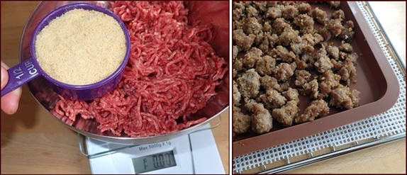 Adding ground chickpeas to ground beef.