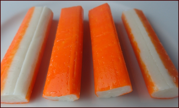 Surimi, also known as seafood sticks and imitation crab meat.