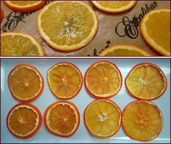 Dehydrating organge slices, before and after.