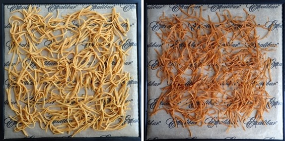 Dehydrating linguine coated with Thai peanut noodle sauce.