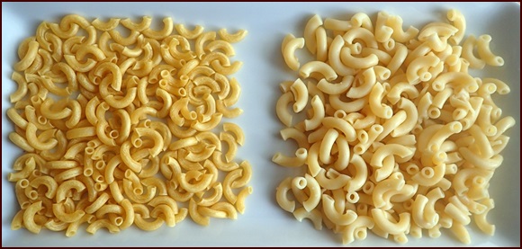 Dehydrated macaroni on left, rehydrated on right.