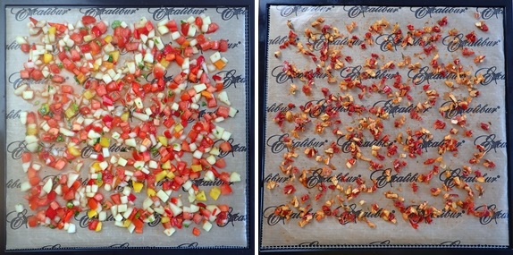 Dehydrating peach salsa: before and after.