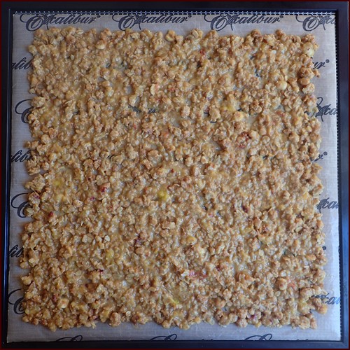 Peach granola mixture on dehydrator tray.