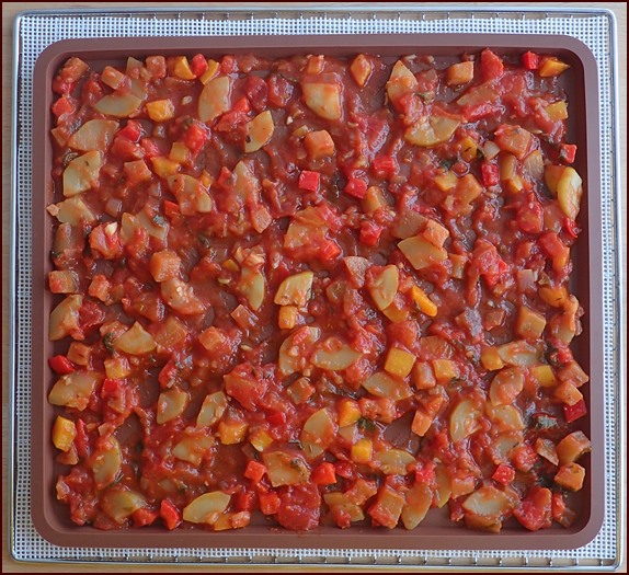 Silicone dehydrator tray holding 1¼ cups of ratatouille.
