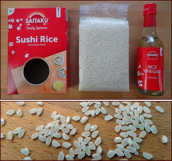 Sushi rice is a short-grain rice. After cooking, add rice vinegar, sugar, and salt.