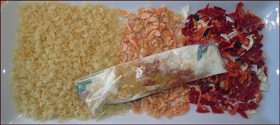 Dehydrated Shrimp in a backpacking meal.