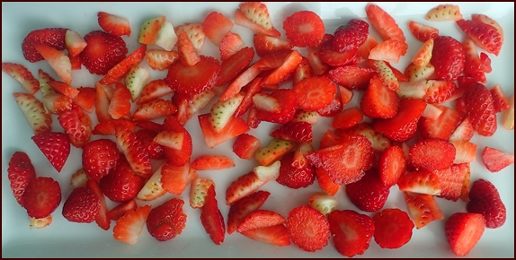 Strawberry pieces ready to blend into strawberry fruit leather.