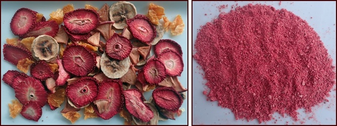 Dried Strawberries in trail mix, and dried strawberries ground into strawberry powder.