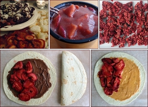 Dessert recipes and trail mixes using dehydrated strawberries.
