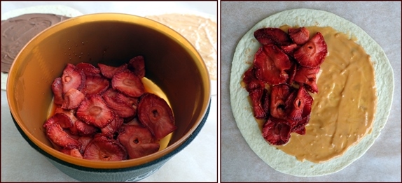 Rehydrating dried strawberries to make strawberry tortillas.