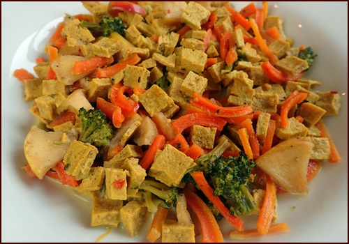 Dehydrated curry tofu and vegetables after being rehydrated.