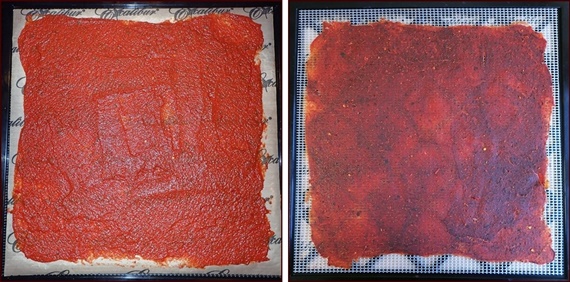 Dehydrating Tomato Sauce Leather Before and After.