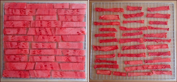 Dehydrating watermelon before and after.