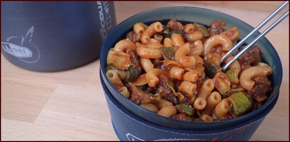 Zucchini Macaroni with Beef & Tomato Sauce. Rehydrated meal.