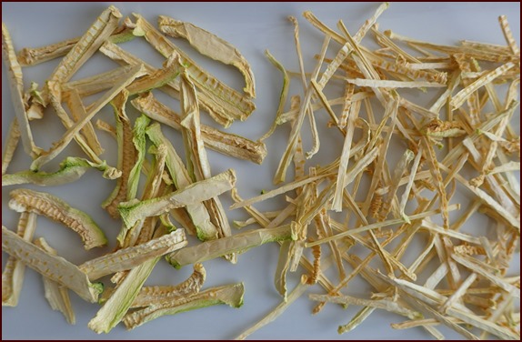 Zucchini noodles dried thick on left and thin on right.